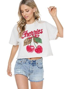 Zutter Cherries Leopard White Graphic Cropped Tee Womens Size Medium